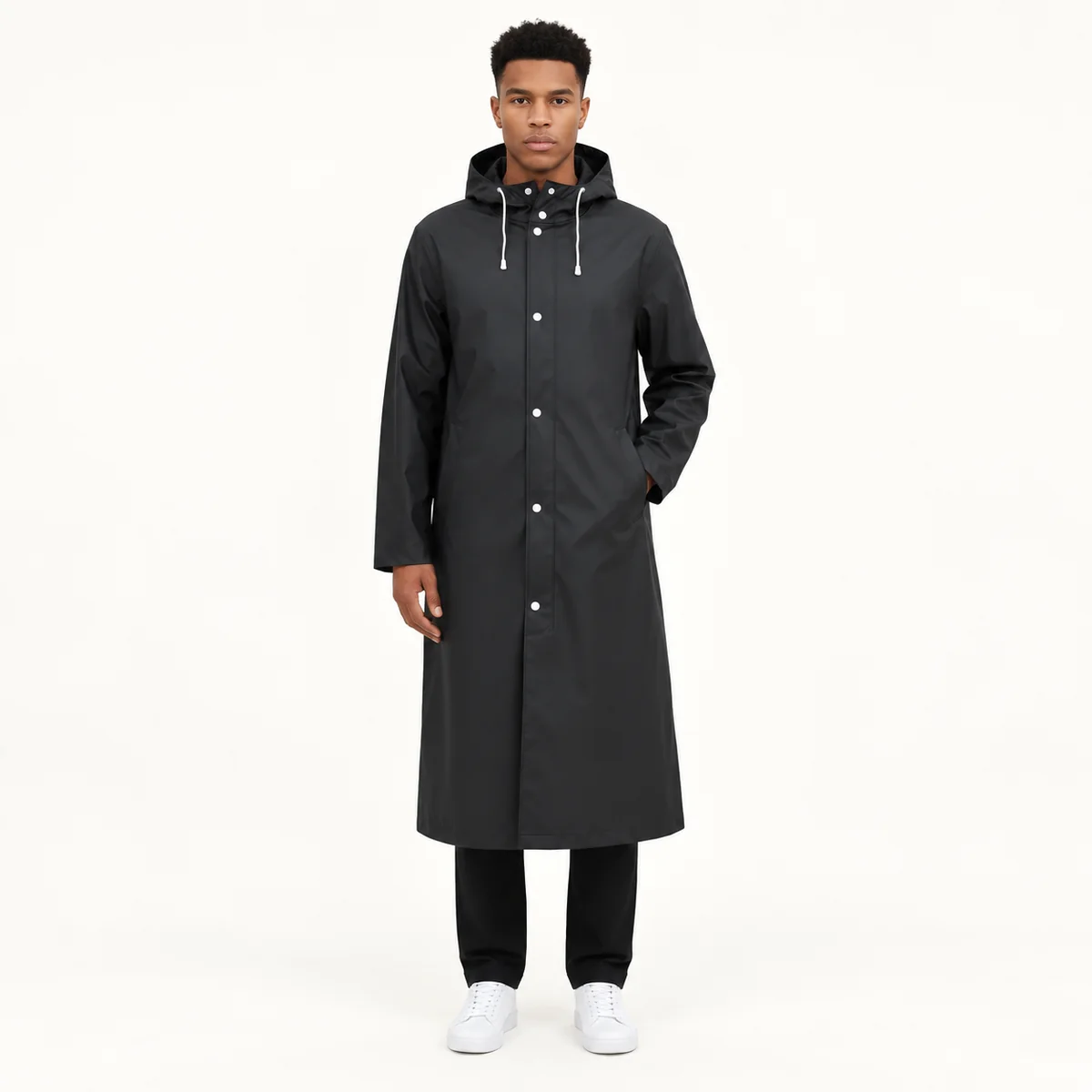 Poncho Rain Long Black Coat — front view