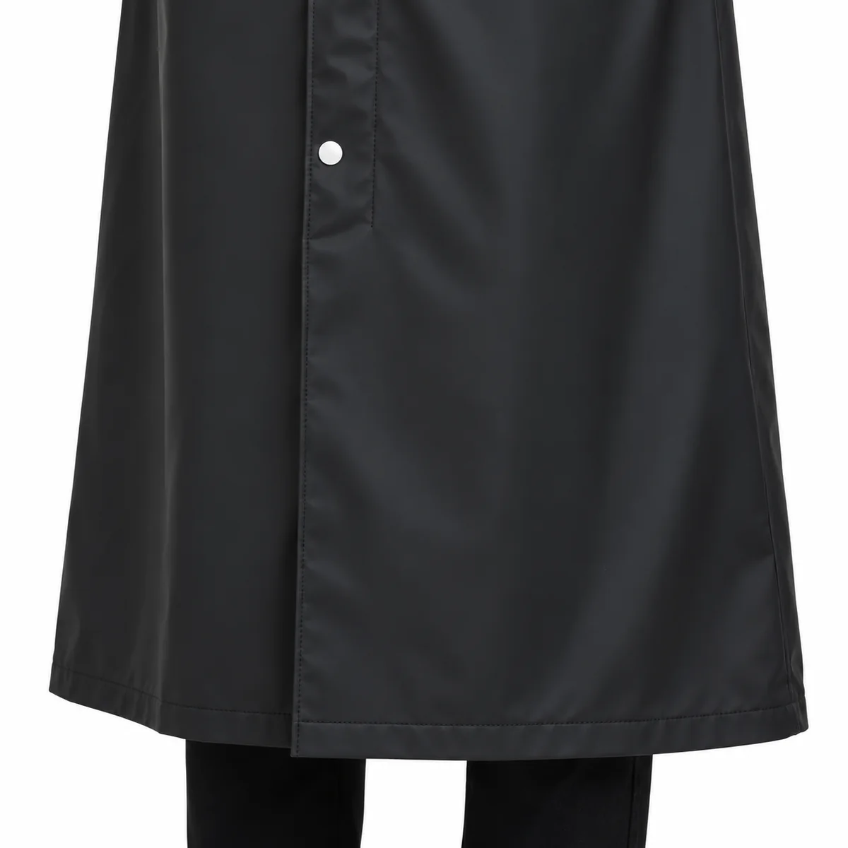Poncho Rain Long Black Coat — lower edge and fabric detail