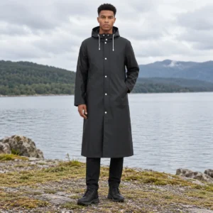 Poncho Rain Long Black Coat — second lifestyle view