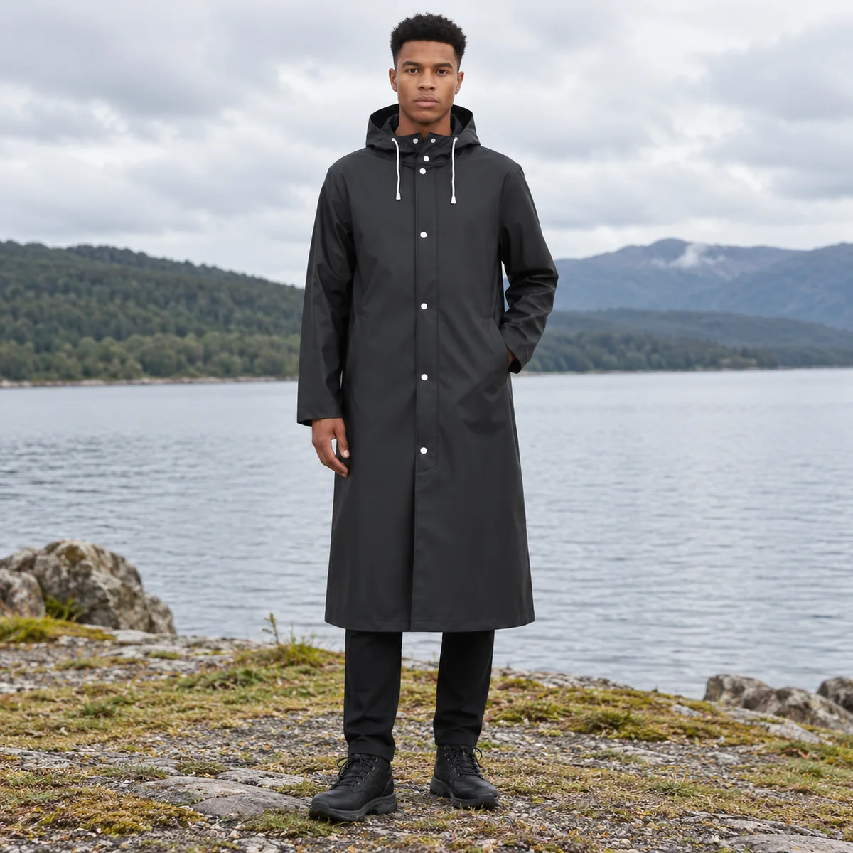 Poncho Rain Long Black Coat — second lifestyle view
