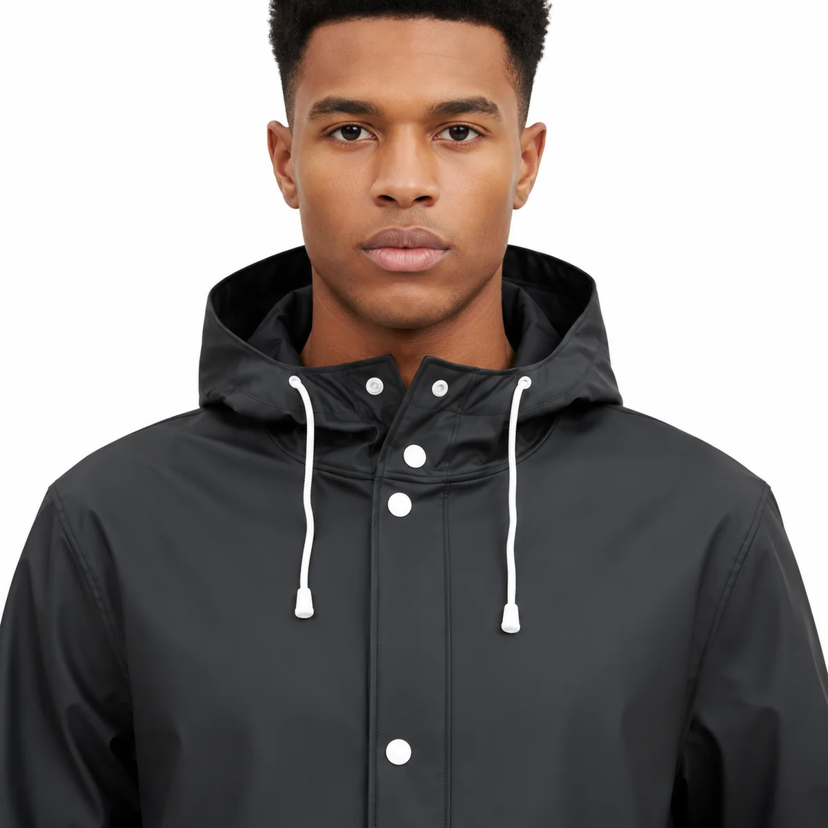 Poncho Rain Long Black Coat — neckline and fabric detail