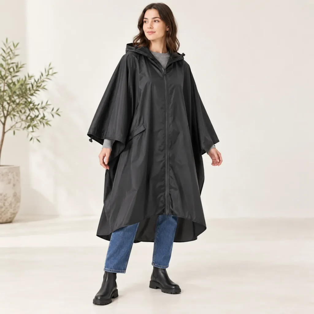 Relaxed shape and drape of the Black Classic black rain poncho