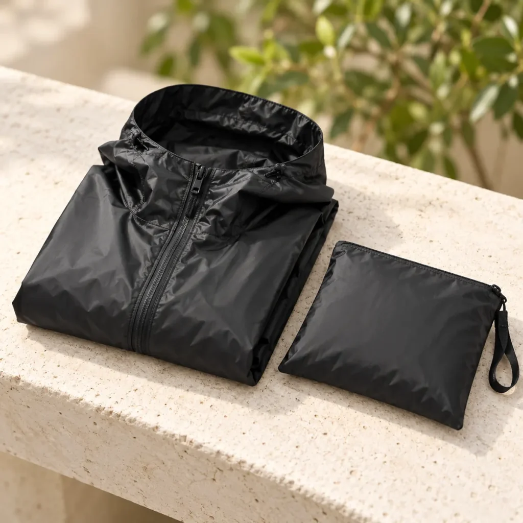 Black Classic rain poncho folded beside its matching storage pouch