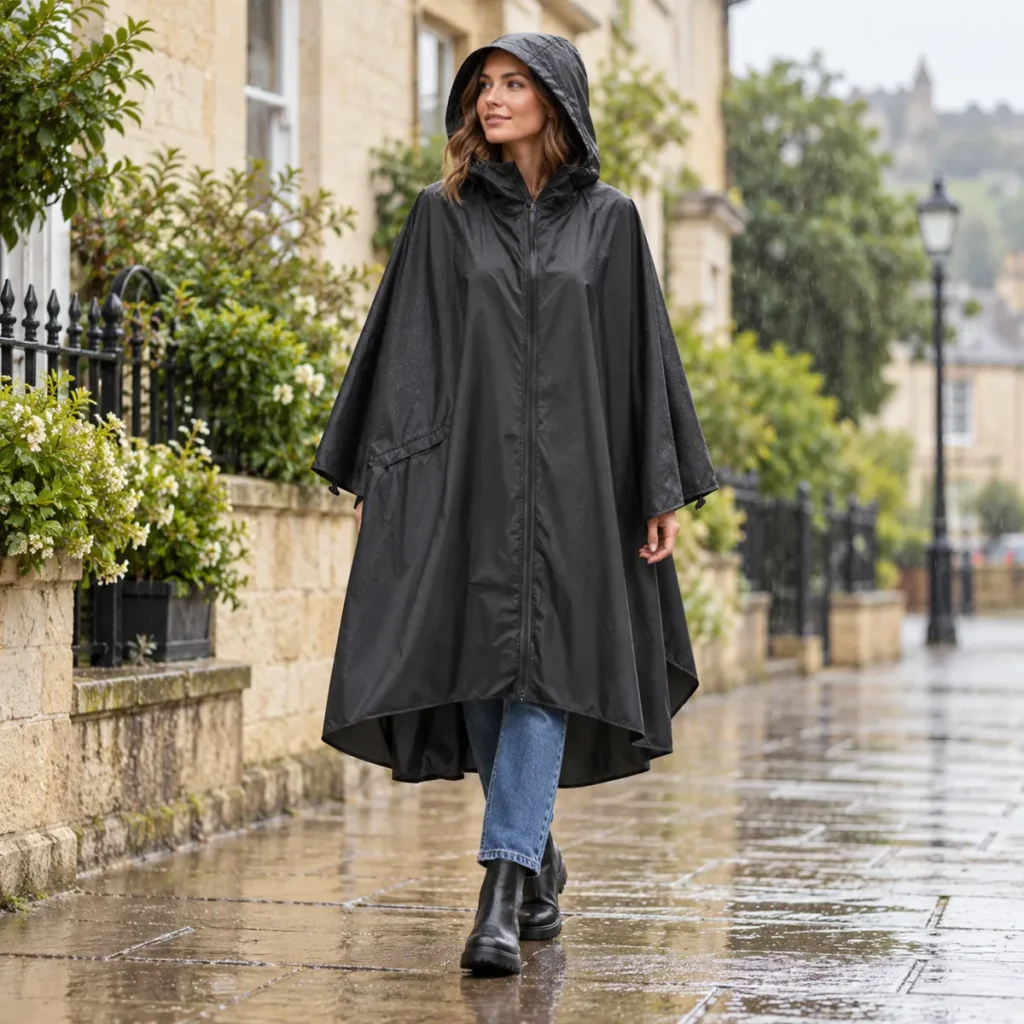 Woman wearing the black Black Classic hooded rain poncho on a wet town walk