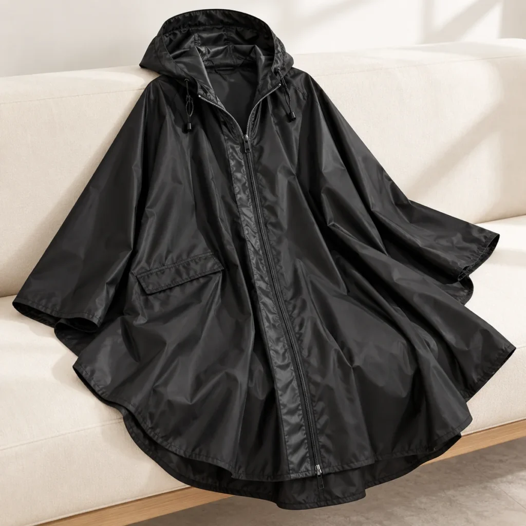 Poncho Women Classic Black — hood and fabric detail