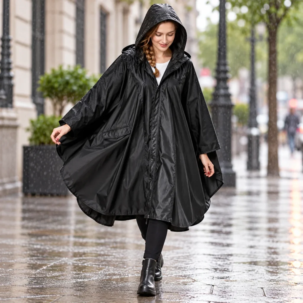 Poncho Women Classic Black — worn outdoors