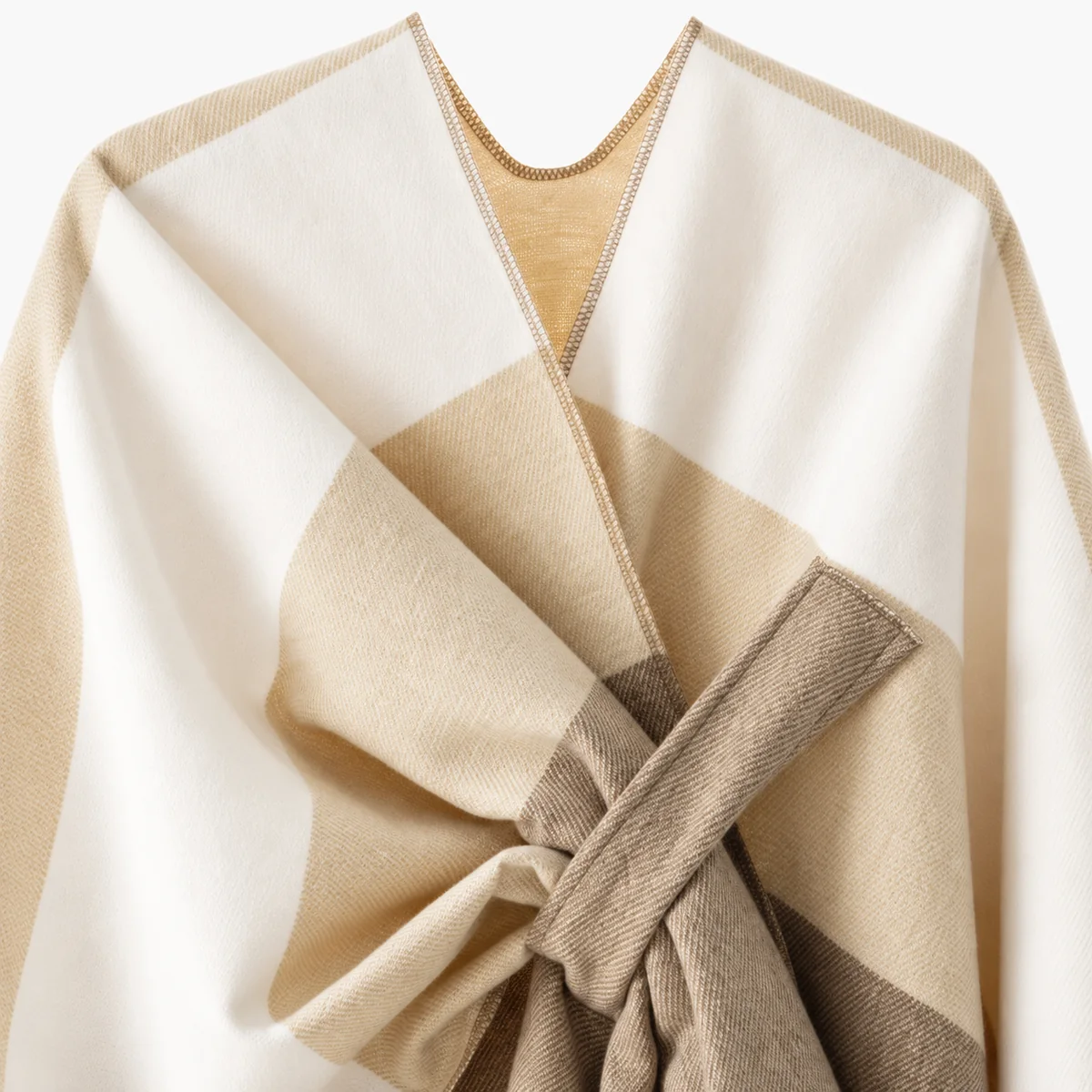 Poncho Women Geometry Beige — neckline and fabric detail