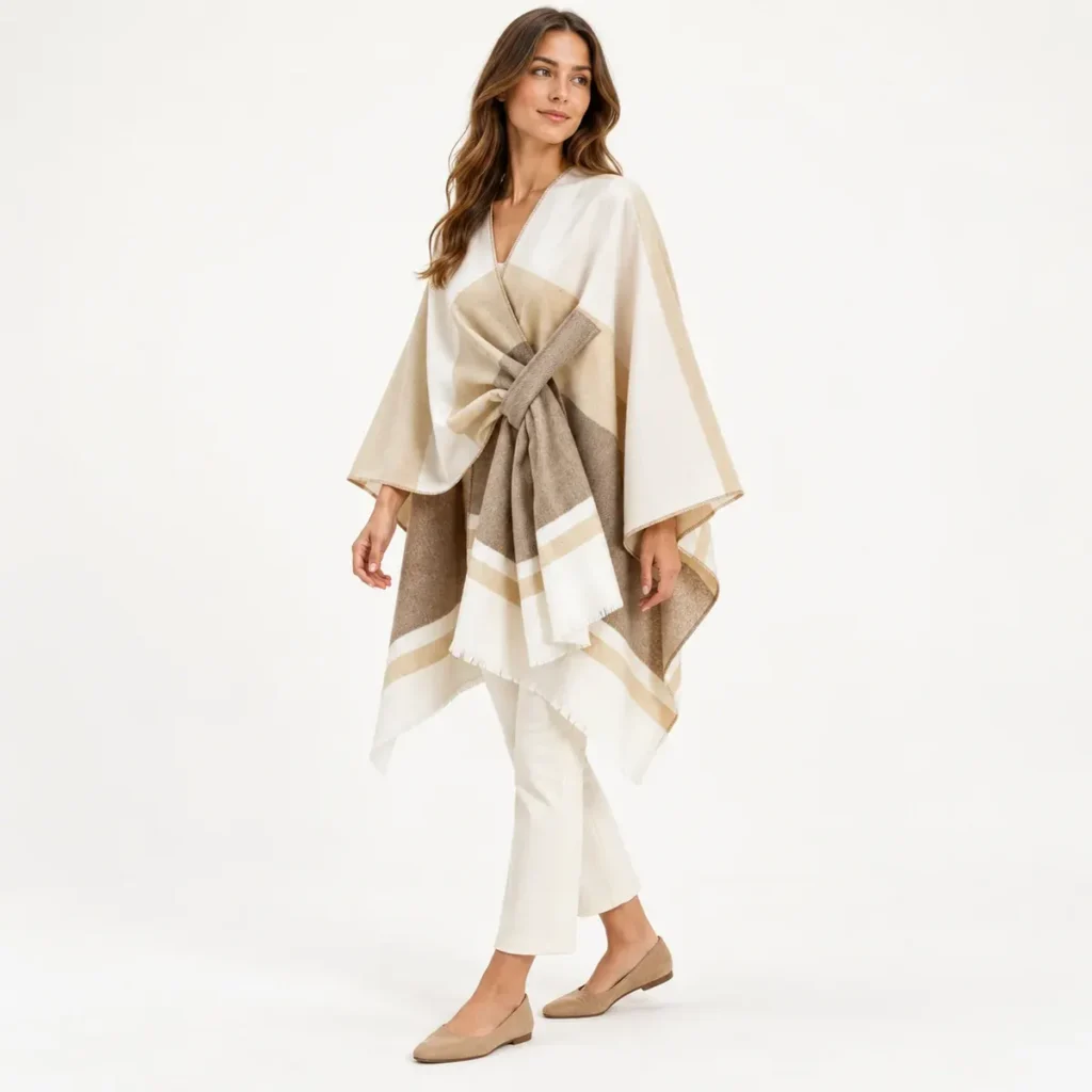 Flowing shape and drape of the Geometry Beige poncho