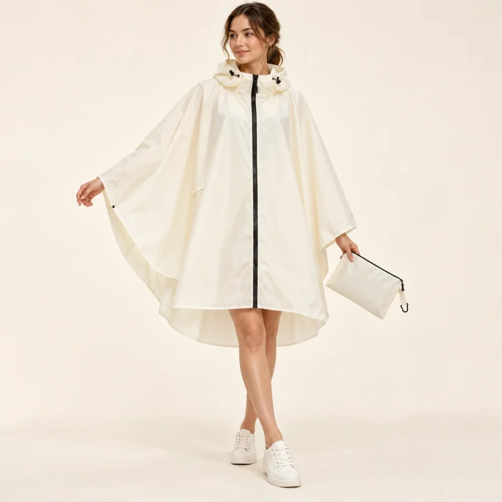 Full length view showing the fit and coverage of the Ivory White poncho
