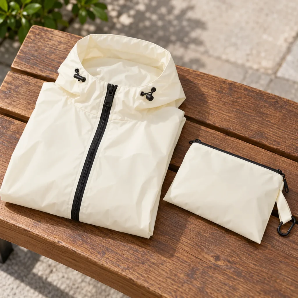 Ivory White poncho folded beside its matching storage pouch