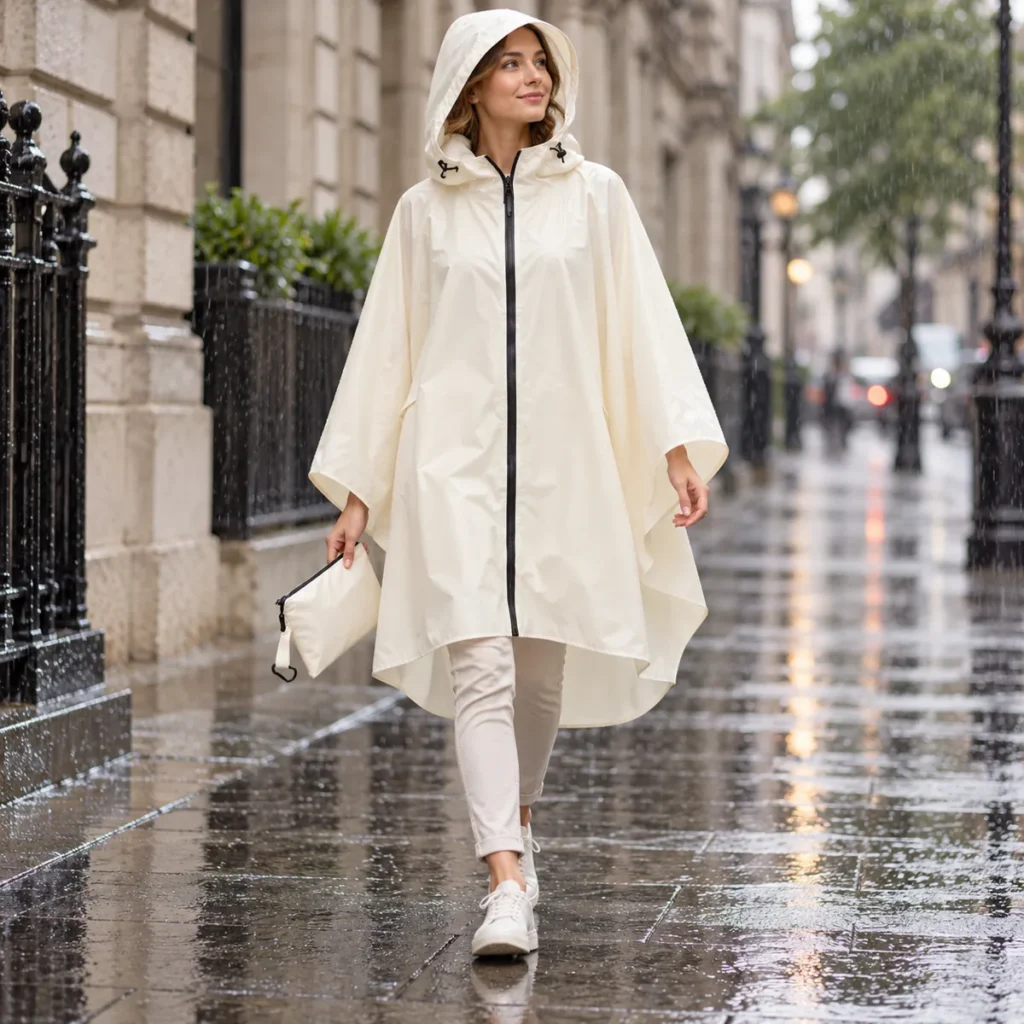Ivory White poncho worn over everyday clothing outdoors