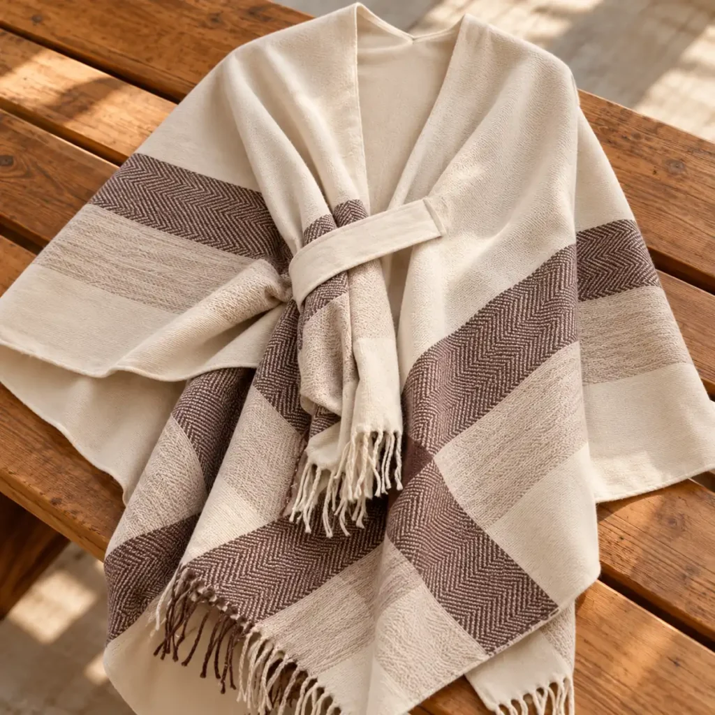 poncho women loom check beige construction detail