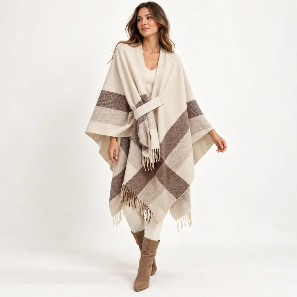 poncho women loom check beige fit and drape