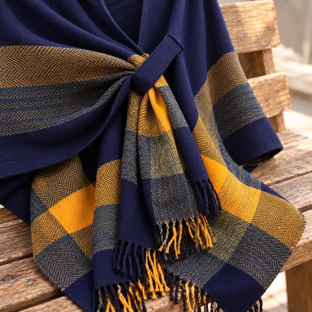 poncho women loomcheck navy blue construction detail