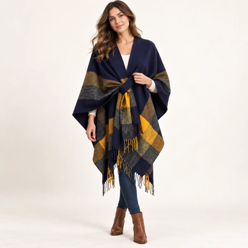 poncho women loomcheck navy blue fit and drape