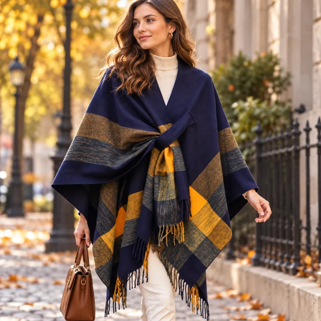 poncho women loomcheck navy blue lifestyle
