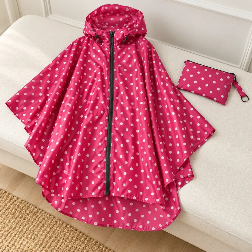 Poncho Women Pink Dots — hood and fabric detail