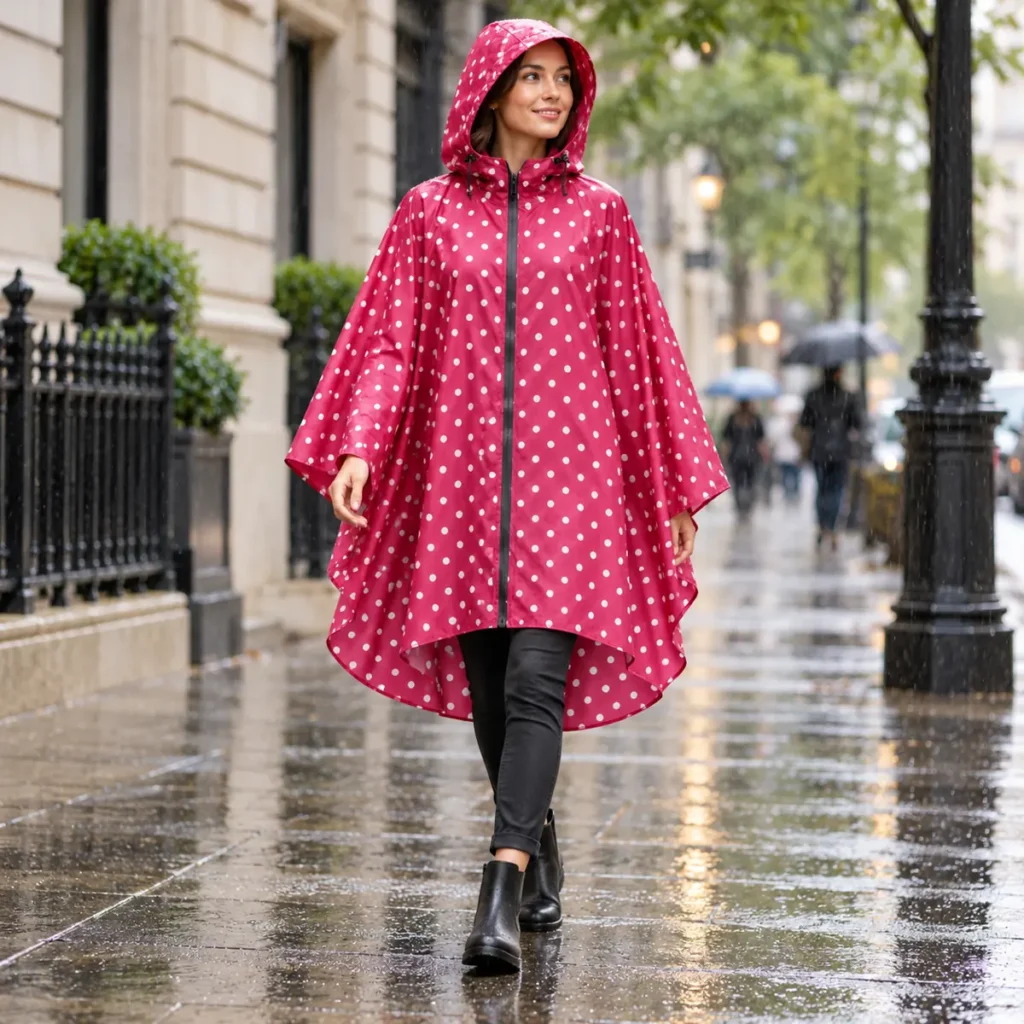 Poncho Women Pink Dots — worn outdoors