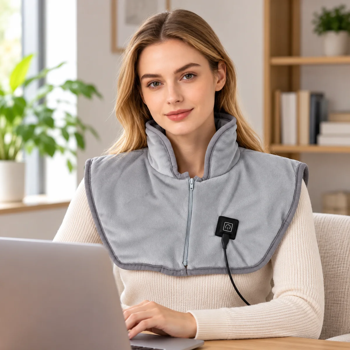 ShoulderEase heated neck and shoulder wrap worn at a home desk