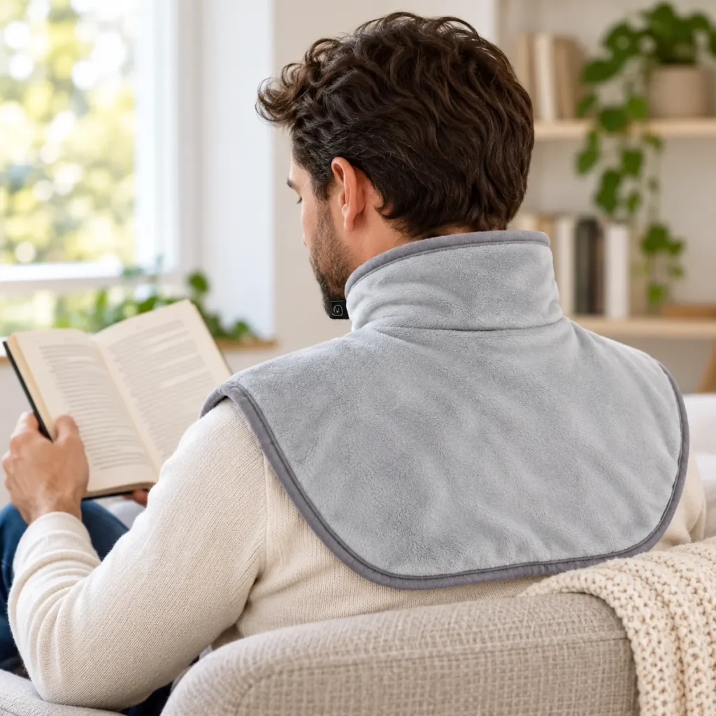 Rear view of ShoulderEase covering the neck and both shoulders
