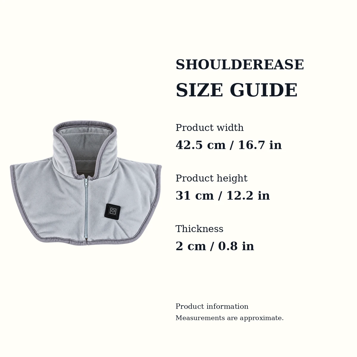 ShoulderEase grey USB heated neck and shoulder wrap size and fit guide