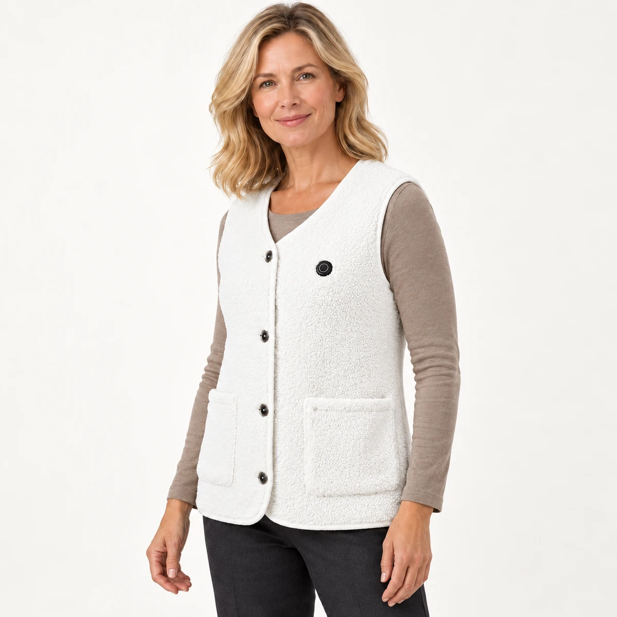 StyleHeat heated vest in white — three quarter